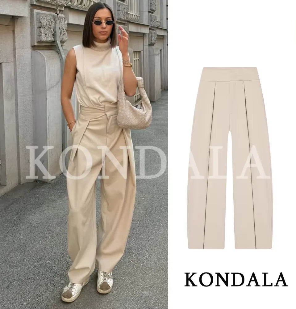 KONDALA Commute High Street Balloon Pants Women Trendy Casual Pleated Trousers 2026 Spring Summer Office Lady Vintage Long Pants