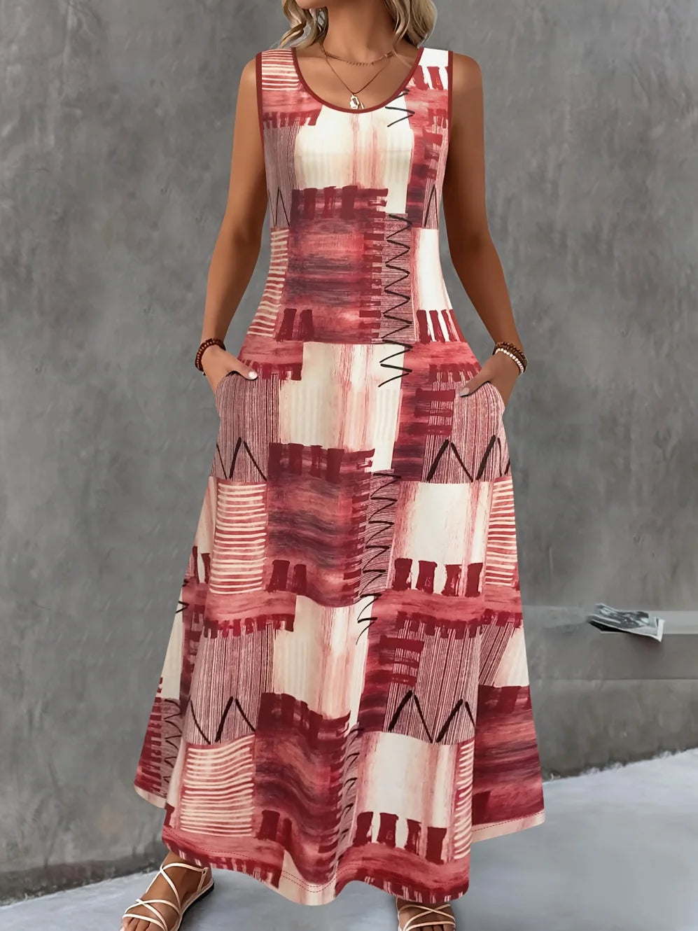 Women's Casual Dresses Summer Stylish Polka Dot Print Sleeveless Dress with Round Neck and Pockets Fashion Elegant Party Dresses