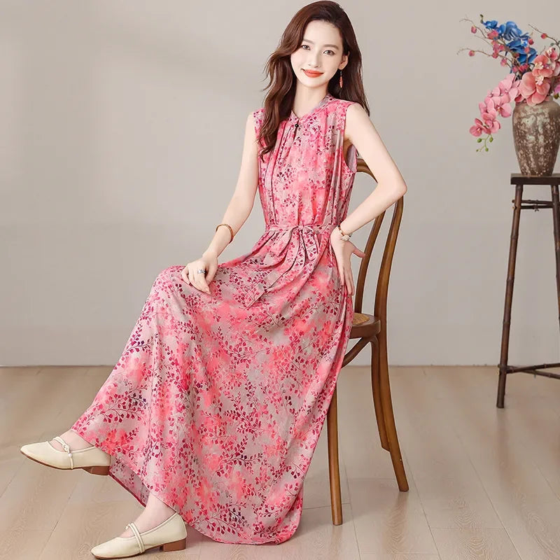 Summer Women's Ink Wash Floral Print Maxi Dress Sleeveless Stand Collar Tie Waist Casual Long Dress
