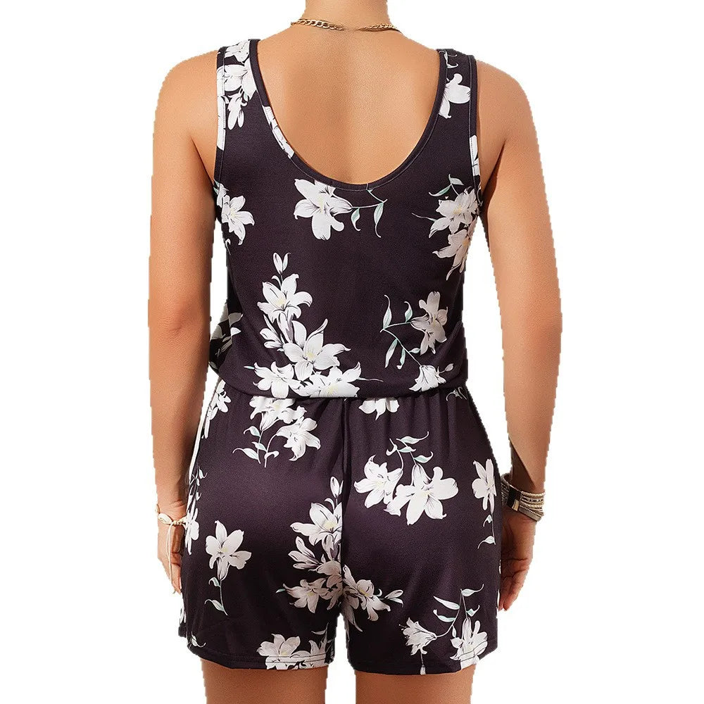 Floral Print Beach Casual Home Romper Women's Sleeveless Jumpsuit Comfortable Elastic Waist Loose Fit Five Shorts Polyester