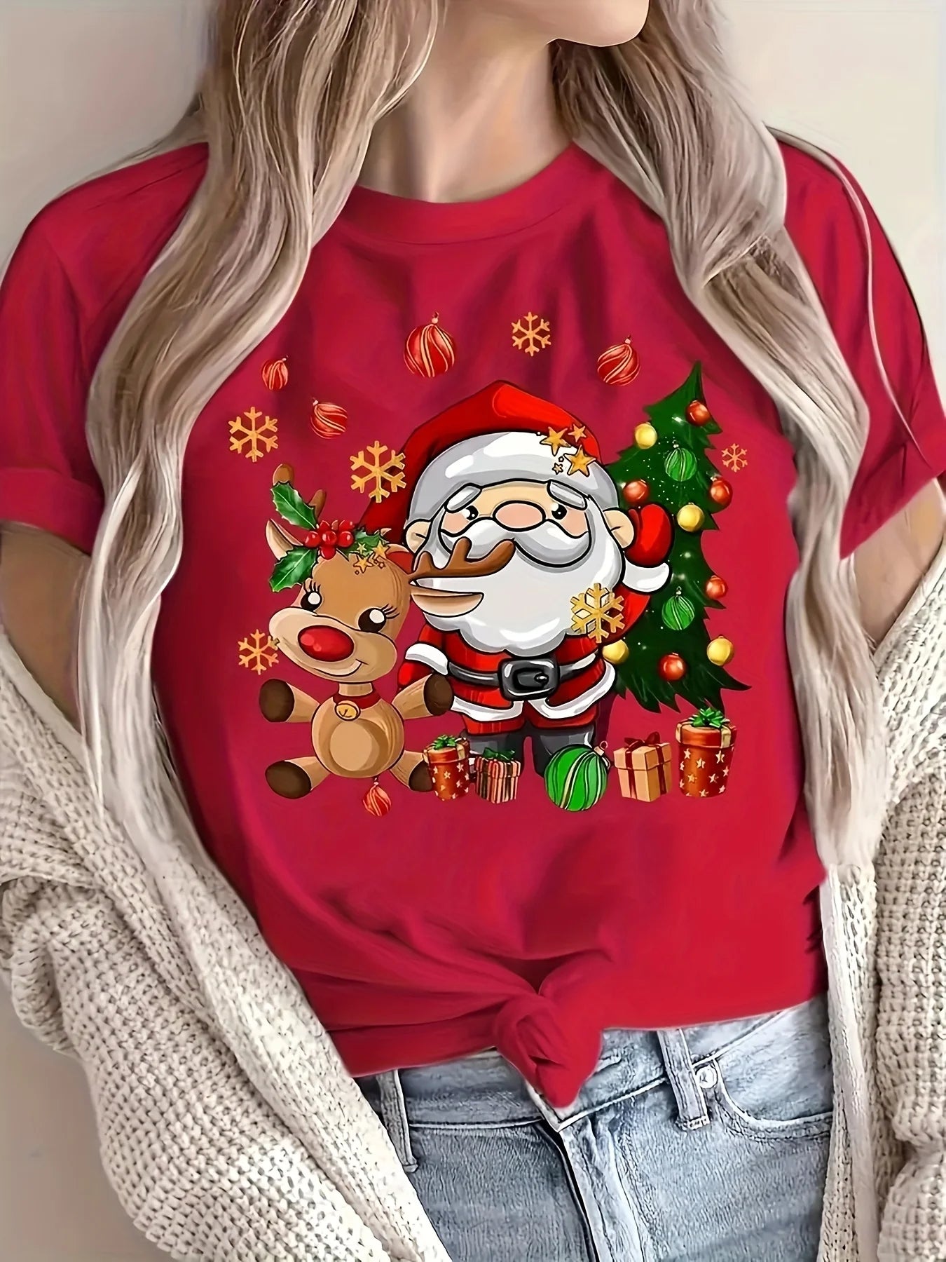 2025 Christmas Santa and Reindeer Print Crew Neck T-Shirt Harajuku Sleeve Women's T-shirt Clothing Street Tees Aesthetic Tops