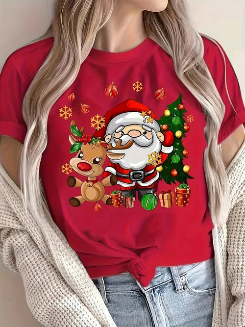 2025 Christmas Santa and Reindeer Print Crew Neck T-Shirt Harajuku Sleeve Women's T-shirt Clothing Street Tees Aesthetic Tops