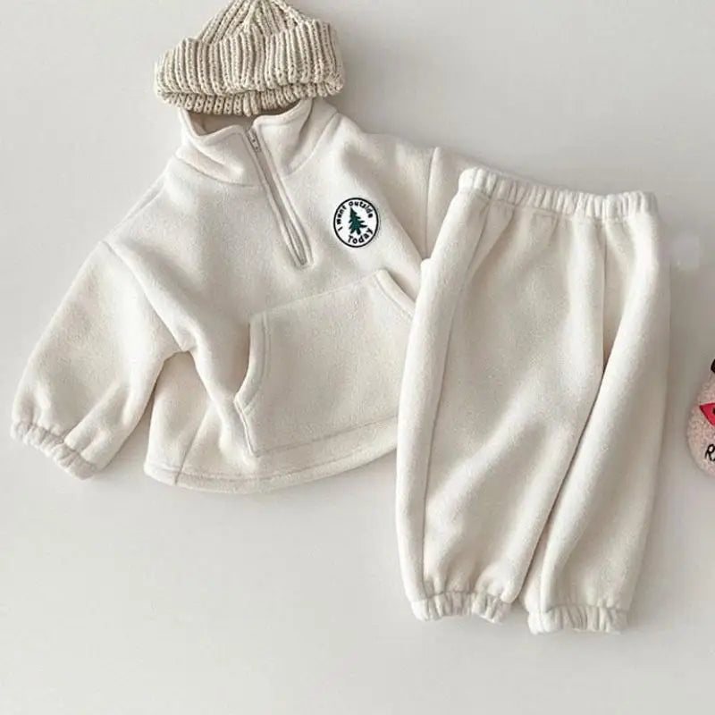 2025 Autumn Baby Boys Clothing Sets Children Thicken Plush Clothes Girls Solid Cotton High Collar Tops+ Pant 2 Pieces Suits