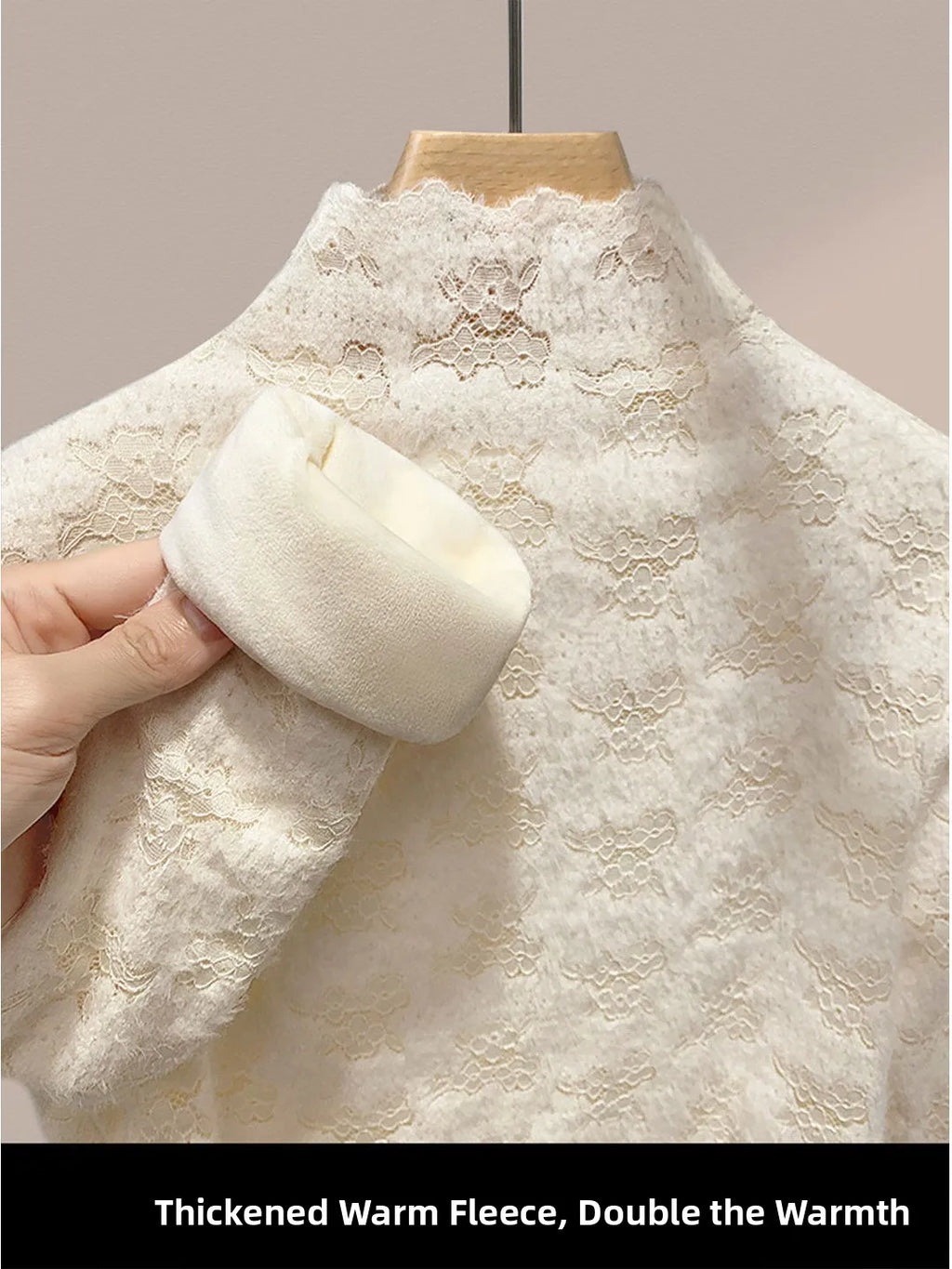 Thickened Half High Collar Fleece Lined Lace Base Shirt Women's High End Inner Wear Autumn Winter New Style Fashionable Top