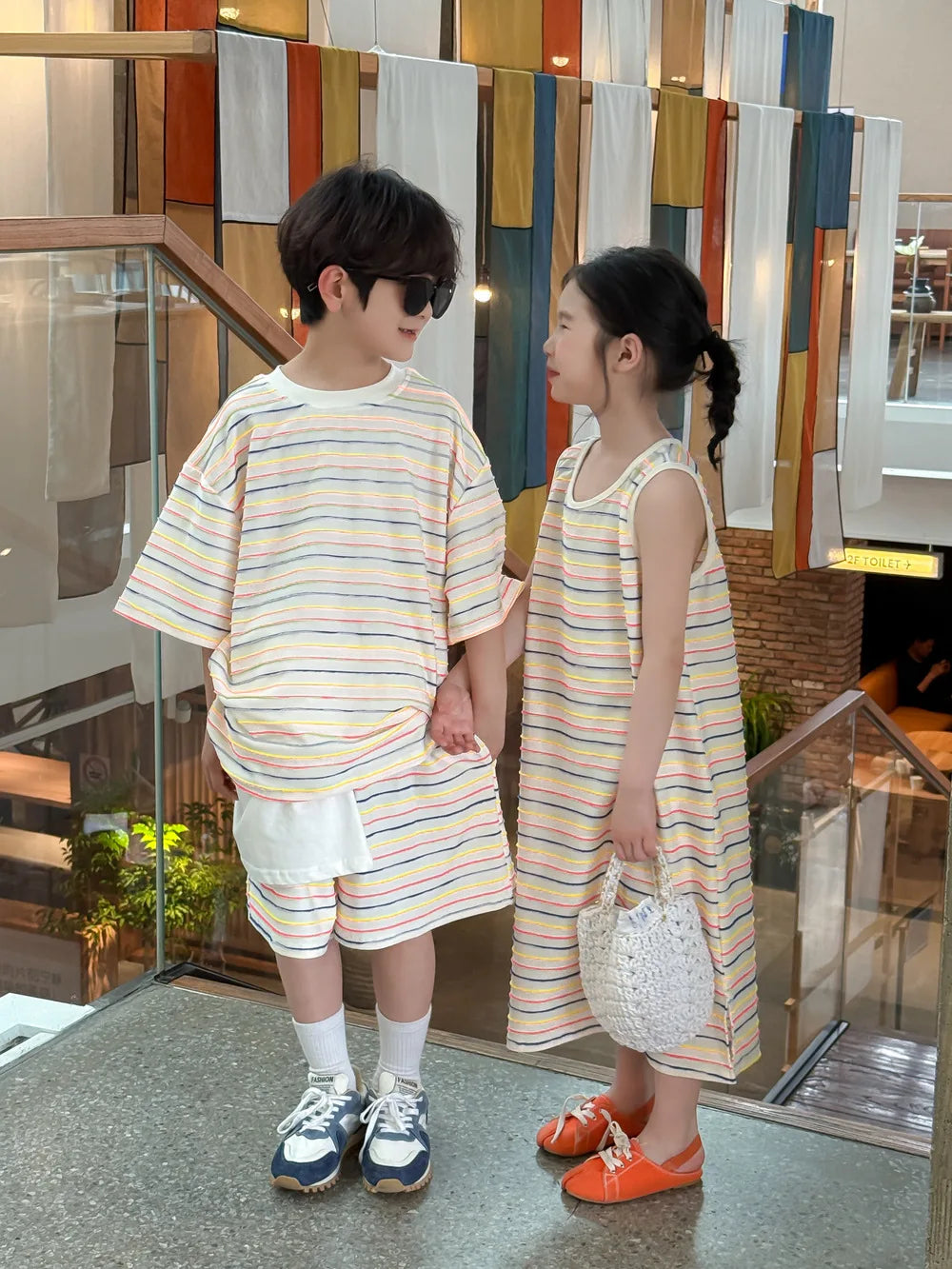 2025 Summer New Children Short Sleeve Clothes Set Boys Striped 2pcs Suit Kids Girls Colorful Vest Dress Brother Sisters Outfits