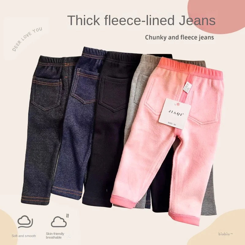 Autumn Winter Children's Jeans Boys and Girls' Solid color Thin Velvet Elastic Belt Jeans Infant Elastic Denim Pants1-6Y