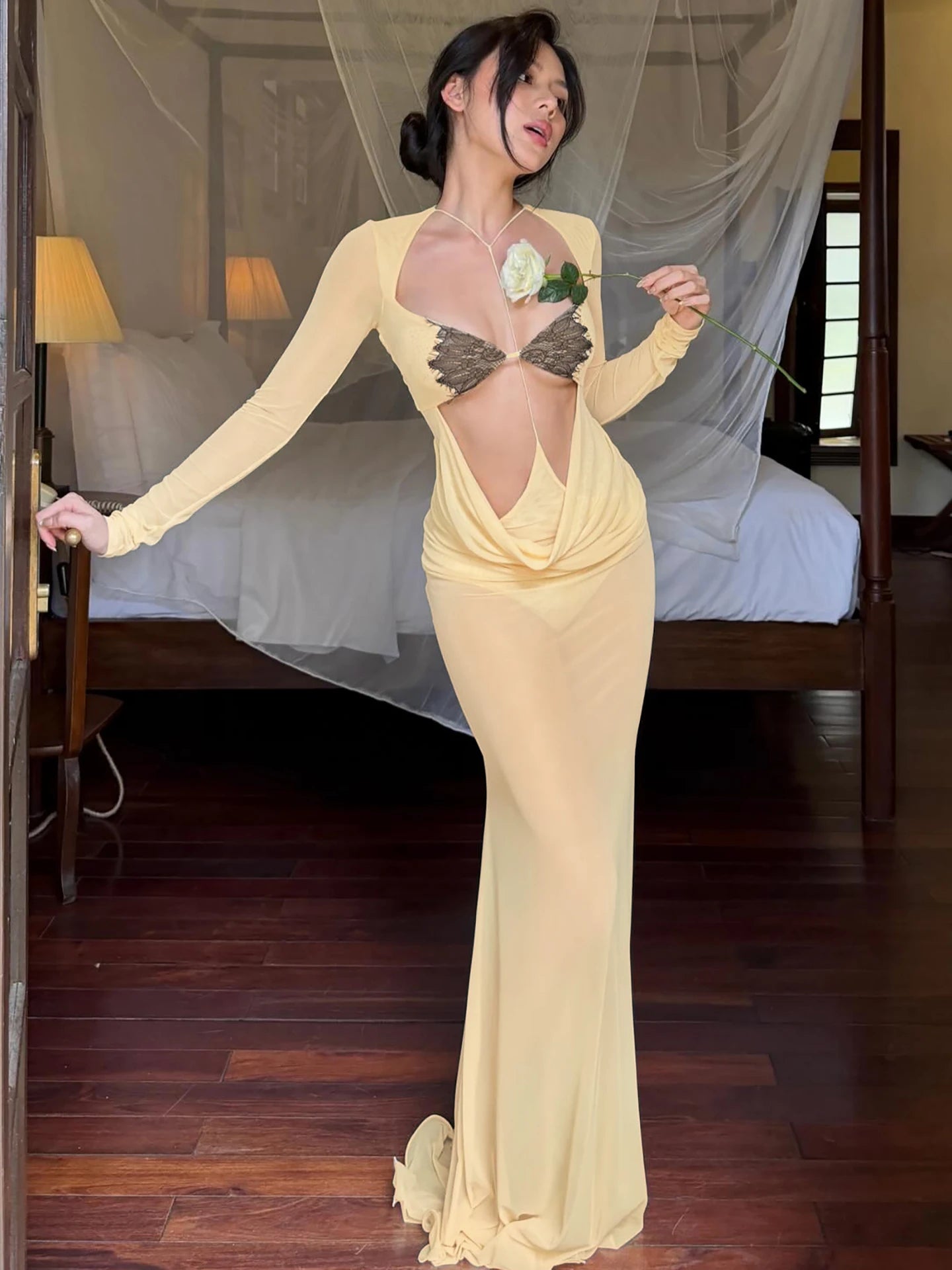 Weird Puss Sexy See through Dress Women Fashion Hollow Halter Lace Patchwork Full Sleeve Ruched Elegant Vacation Party Suits