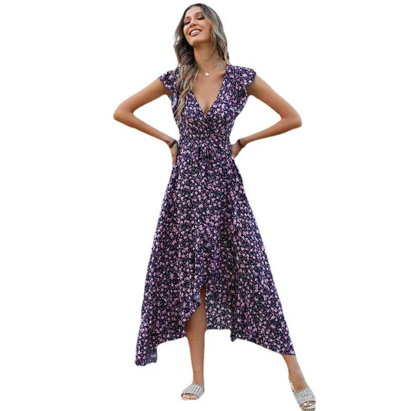 Women's Bohemian V Neck Tie Front Belted A-Line Swing Dress Beach Vacation Summer 2026 New