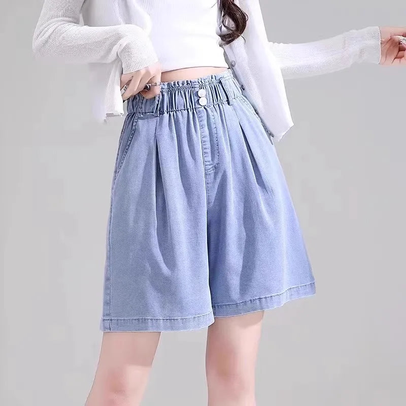High Waist Wide Leg Pants Thin Design Summer Jeans Women's Loose Fit Small Size  Straight Cut Denim orts
