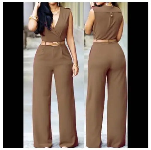 Summer Women's Jumpsuit Wide Leg Pants V-Neck One-Piece Suit with Belt Casual Fashionable Ladies' All-In-One Clothing