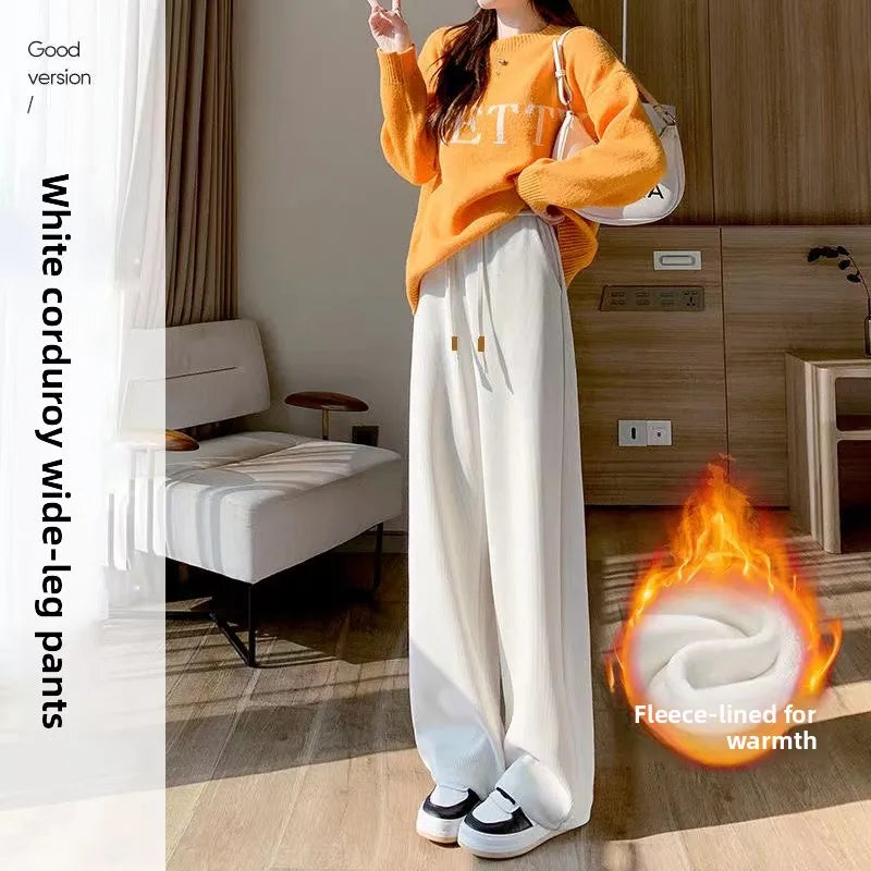 Women's High Waist Fleece Lined Corduroy Wide Leg Pants Thickened Casual Sports Straight Long Trousers Autumn Winter Fashion