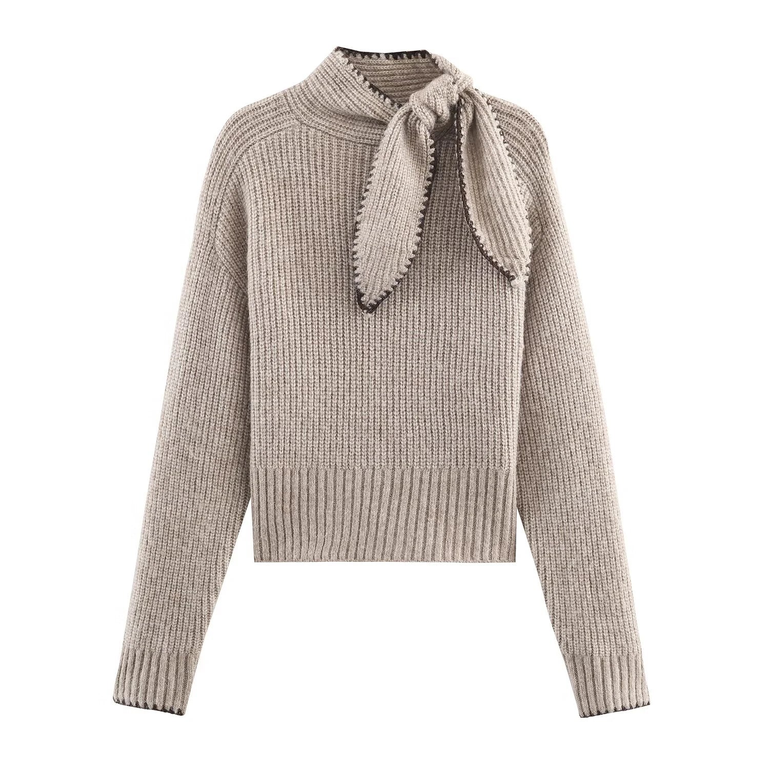 2025 Winter New Sweet and Fashionable Stand up Collar Long Sleeve Bow Decoration Knitted Sweater for Women