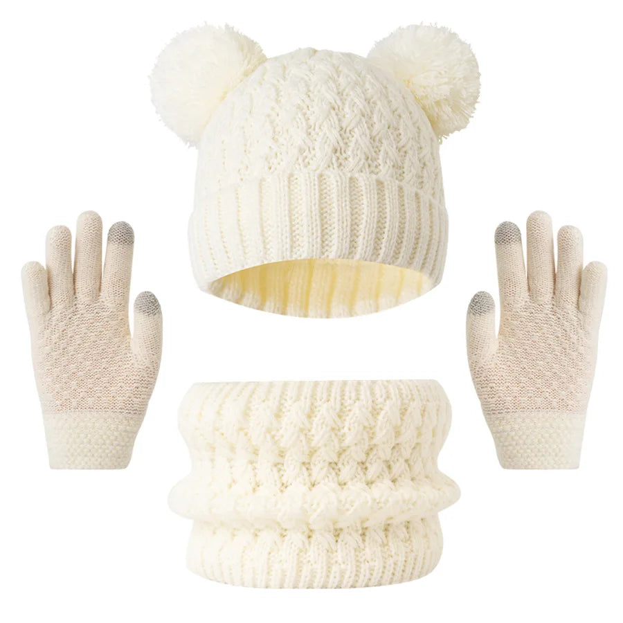 3pc knitted hats, scarves and gloves for children, suitable for children aged 3-12 to keep warm outdoors in winter.