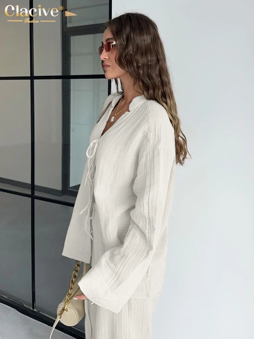 Clacive Fashion Loose Brown Cotton 2 Piece Set Women Outfit 2025 Elegant Long Sleeve Shirt With High Waist Wide Pants Set Female