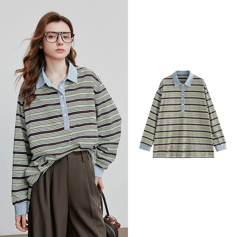 TOYOUTH Women Long Sleeve T-shirt 2025 Autumn New Striped Turn Down Collar Contrasting Casual Pullover Tops