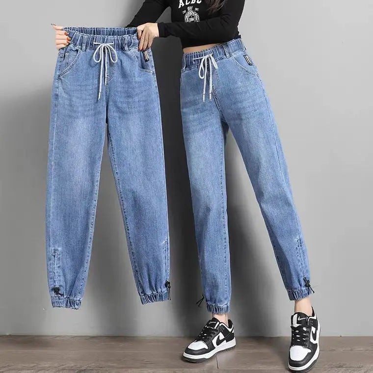 Harajuku Style Women's Jeans Elastic Waist High Waist Cotton Stretch Denim Light Color Pear Shape Body Loose Fit Long Pants