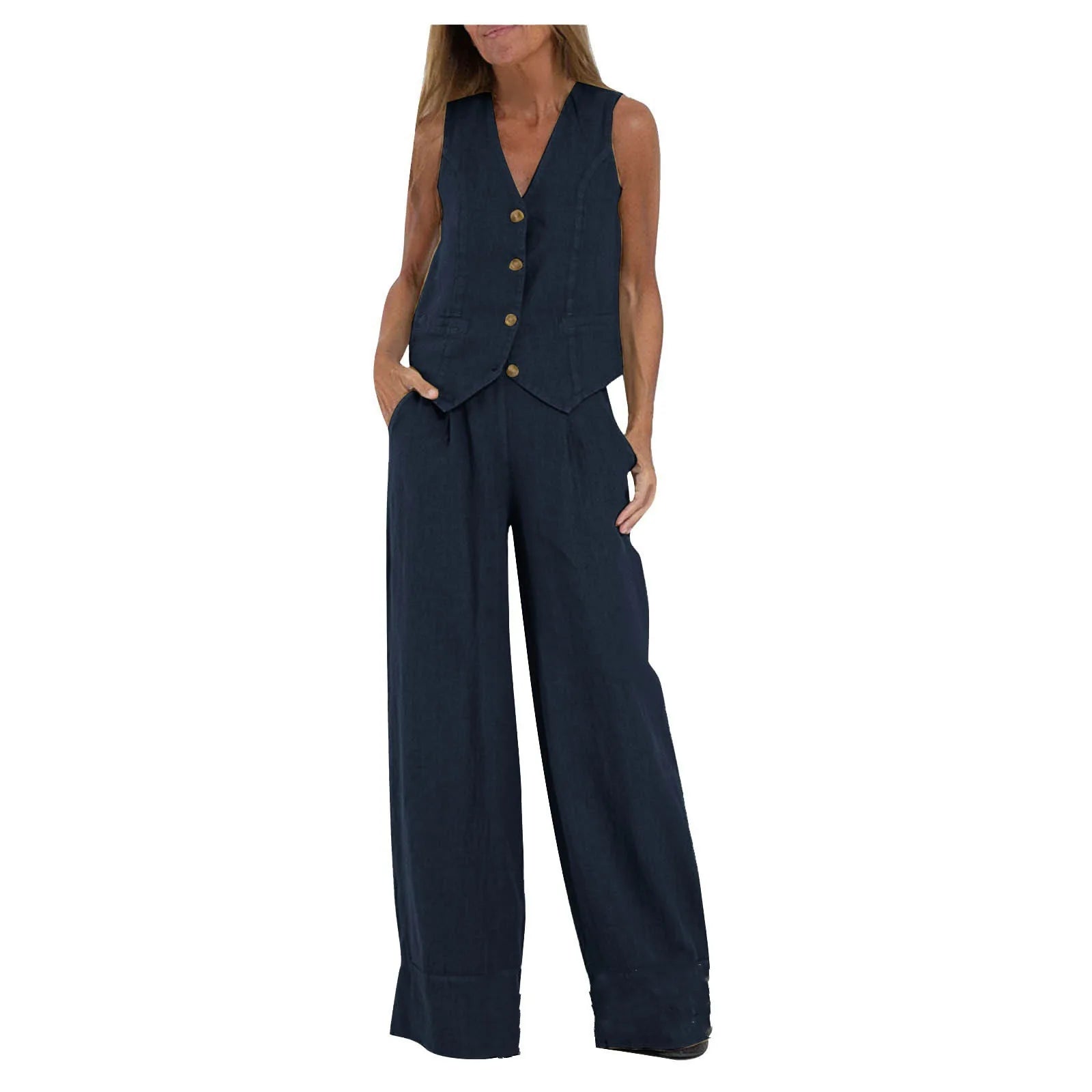 Fashionable Patchwork Cotton Linen Vest Wide Leg Pants Two Piece Set 2025 Spring Commute Style  Color Women's Suit