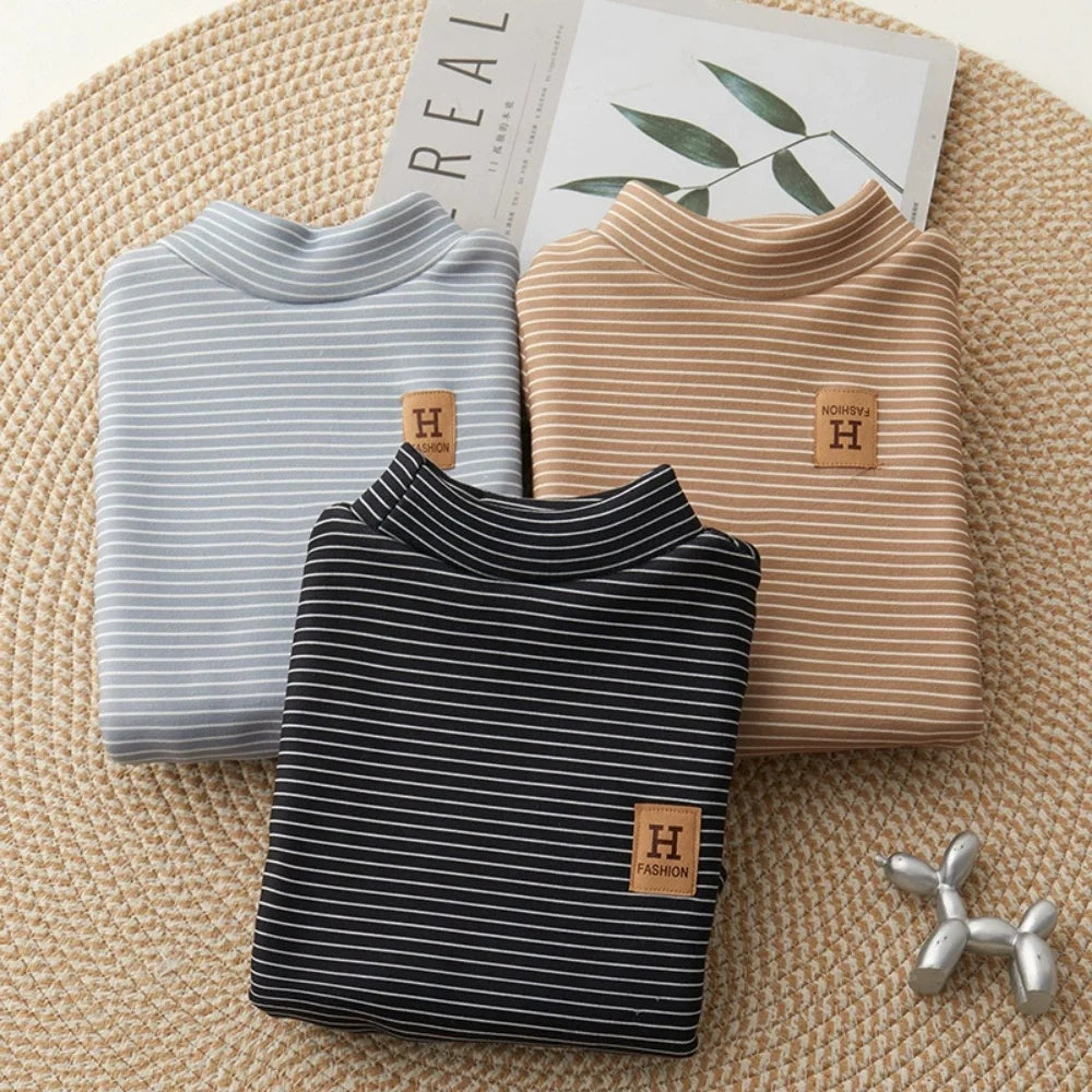 Children's Velvet Bottom Shirt New Mid to Large Children's Half High Collar Warm Autumn and Winter Baby Top Long Sleeve T-shirt