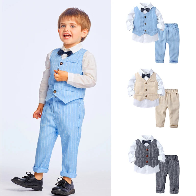 2026 Baby Boy Gentleman Suit Toddler Bow Tie White Shirt Vest+Pants Stripe Sets 3Pcs Formal Birthday Wedding Kids Party Clothes