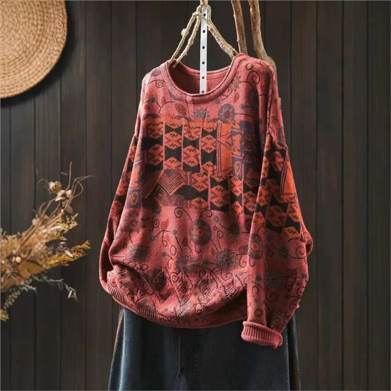 Johnature Vintage Loose Personality O-Neck Sweater 2025 Woman Winter New Long Sleeves Chinese Style Vintage Style Sweater