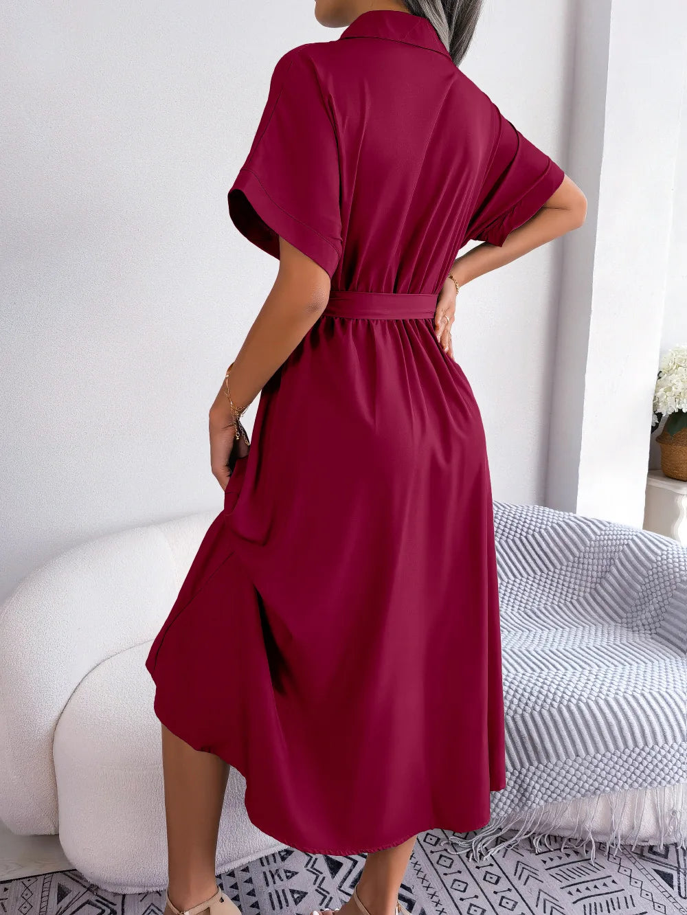 2026 Summer Turn-down Collar Solod Color Women Shirt Dress Fashion New Short Sleeve Loose Casual Elegant Lace-up Long Dresses