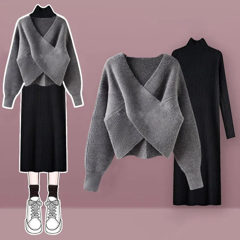 Solid V-neck Sweater Dress Women Autumn Suit Women Korean New Fashion Red Sweater Mid-length Knitted Skirt Two-piece Set