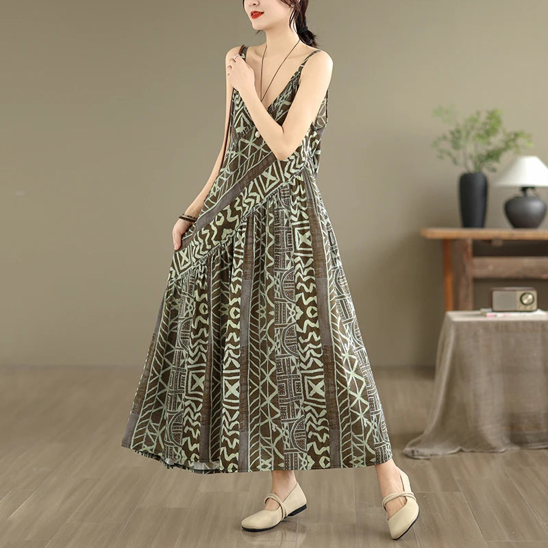 Soft Skin-Friendly Thin Cotton Linen Print V-Neck Waist-Cinched Strap Dress Large Size Summer Long Skirt Women's Dress