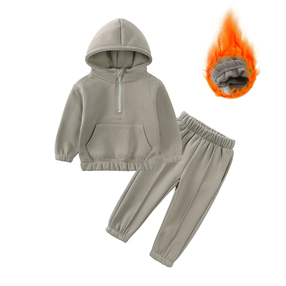 2026 Winter Children Fleece Outfits Toddler Warm Thicken Cotton Soild Hoodies+Pants Tracksuit Kids Boy Girl Sweatsuits Sets