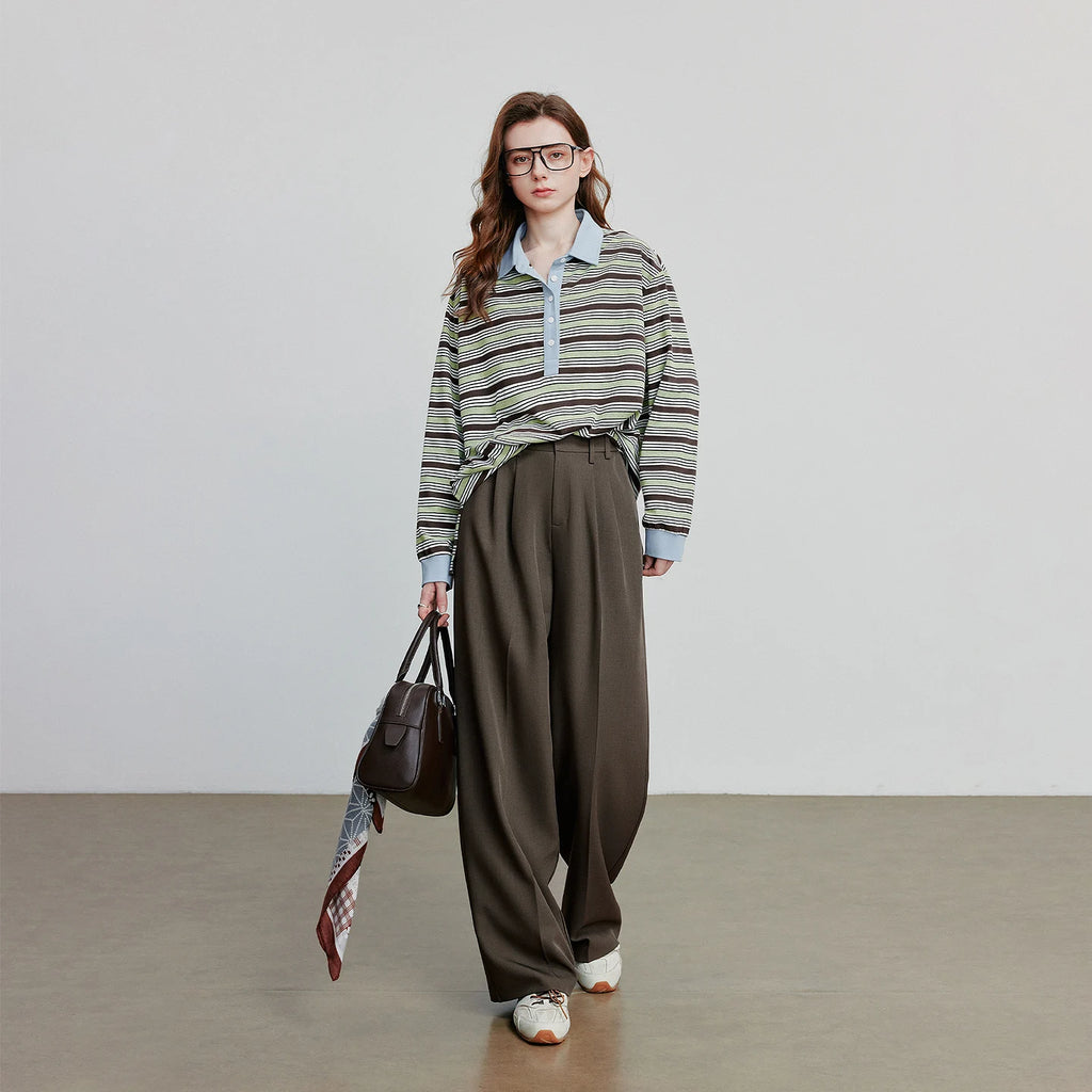 TOYOUTH Women Long Sleeve T-shirt 2025 Autumn New Striped Turn Down Collar Contrasting Casual Pullover Tops