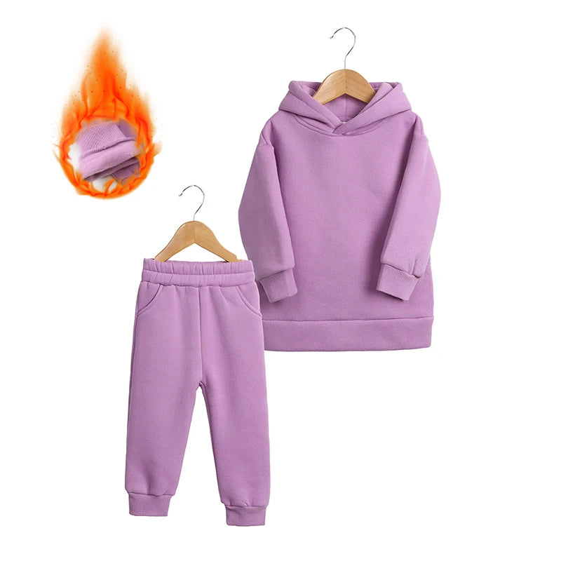 2026 Winter Children Fleece Outfits Toddler Warm Thicken Cotton Soild Hoodies+Pants Tracksuit Kids Boy Girl Sweatsuits Sets