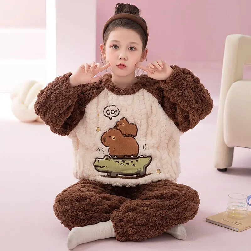 Flannel Pajamas For Boy Flannel Warm Pyjamas Kids Thicken Cartoon Teens Sleepwear Cute Big Boys Girls Night Clothes 10 12 14 16Y