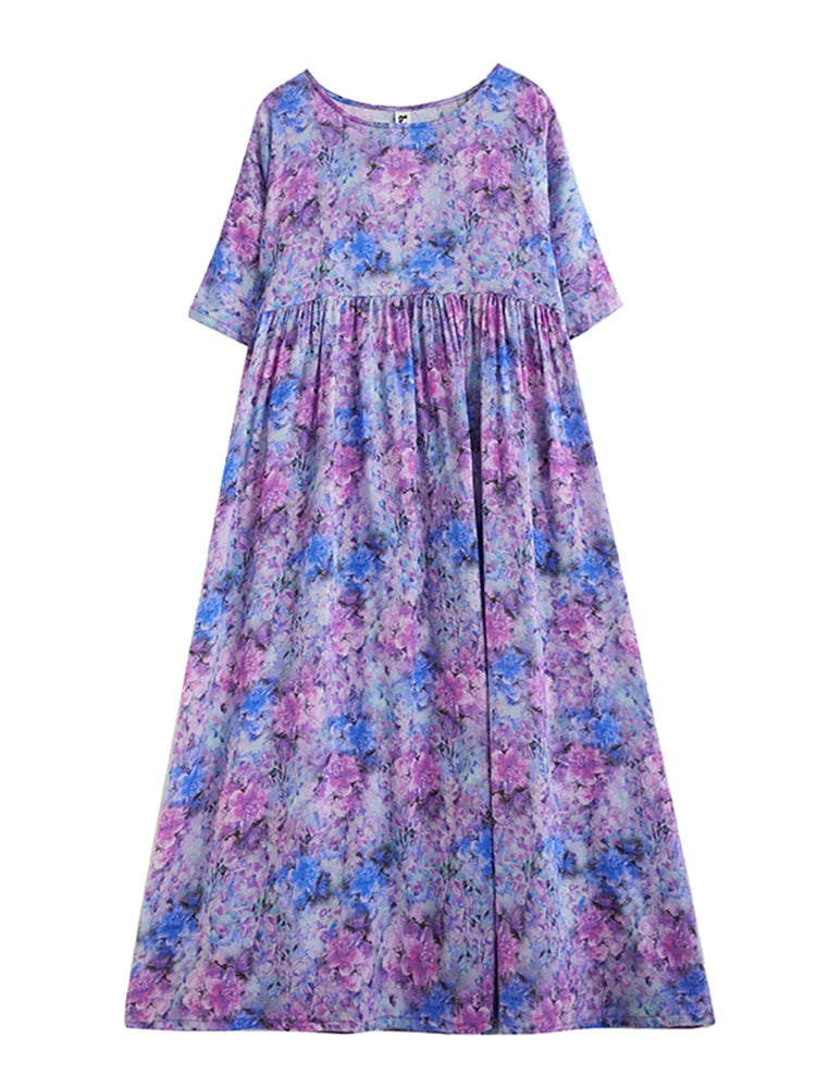 Cotton Short Sleeve Purple Print Vintage Long Dresses For Women 2026 Summer Casual Loose Dress Femme Vestidos Elegant Clothing
