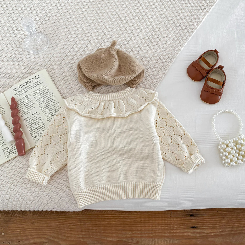 2026 Spring and autumn new collection girls' baby knit sweater with lace trim, large ruffled collar, long sleeve jacket