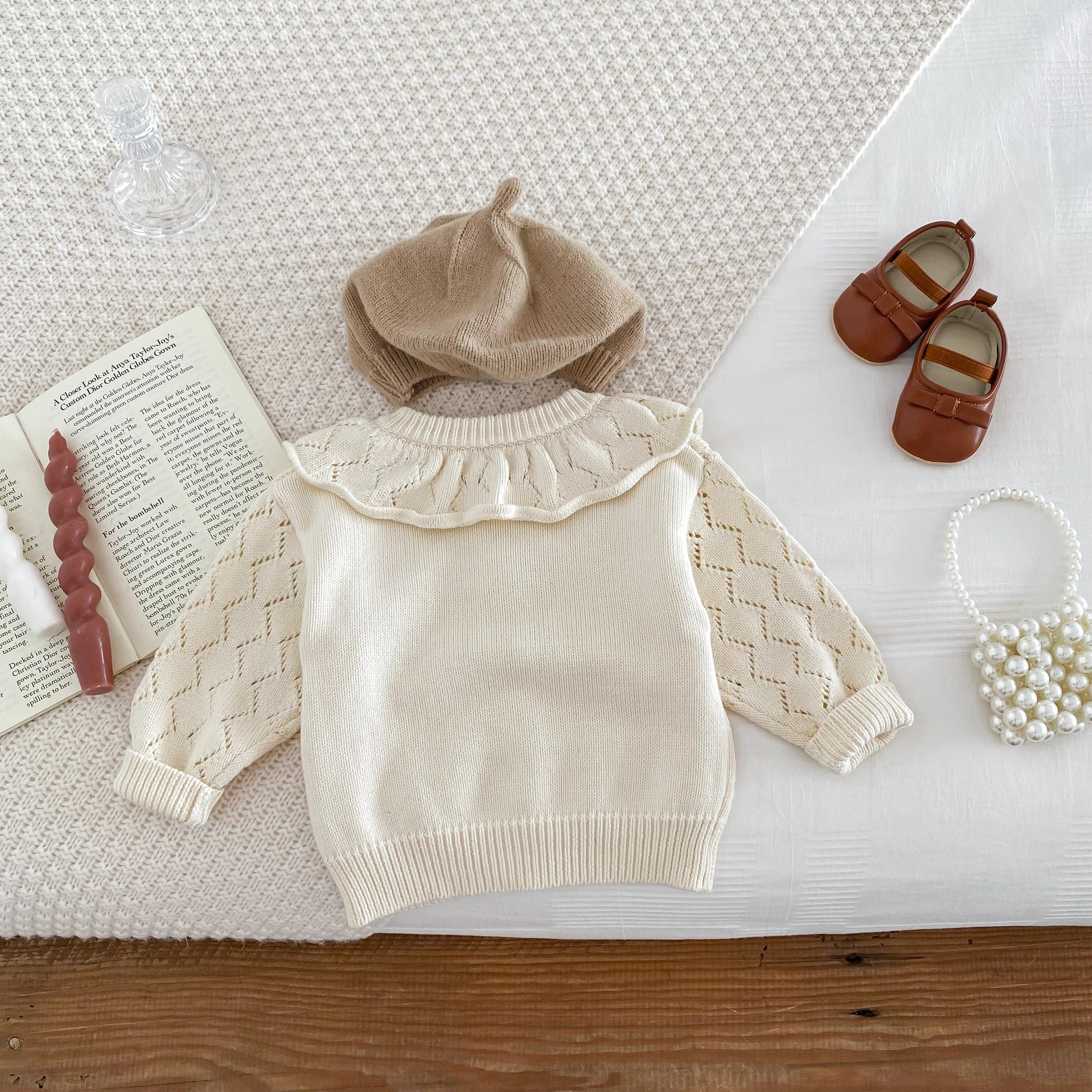 2026 Spring and autumn new collection girls' baby knit sweater with lace trim, large ruffled collar, long sleeve jacket