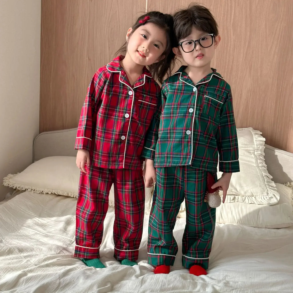 4966 Christmas Children's Pajamas Suit  Autumn Winter Cotton Plaid New Girls Long Sleeve Suit Baby Boy's Home Clothes