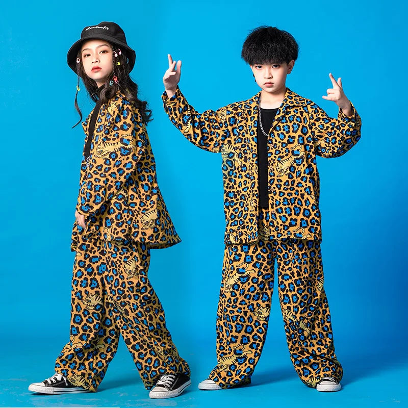 Boys Street Dance Leopard Shirt Girls Casual Pants Hip Hop Print Streetwear Suits Kids Jazz Outfits Teens Stage Costume Clothing