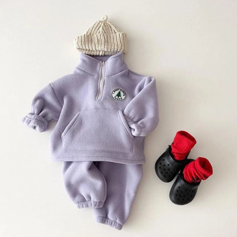 2025 Autumn Baby Boys Clothing Sets Children Thicken Plush Clothes Girls Solid Cotton High Collar Tops+ Pant 2 Pieces Suits