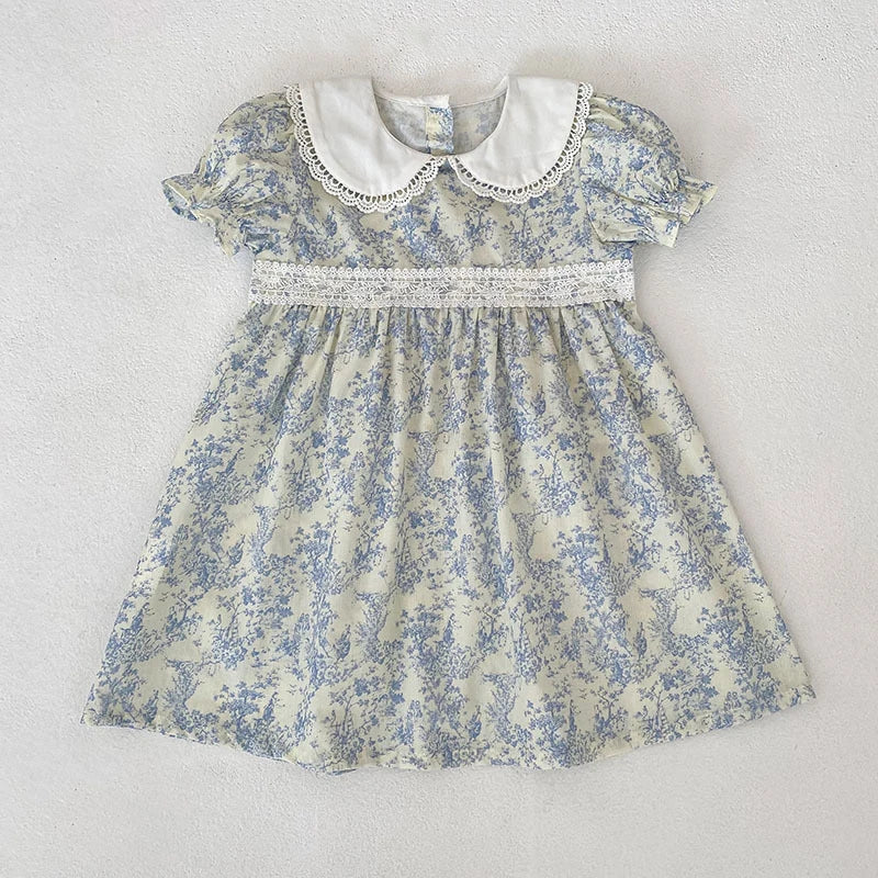 2026 New Girls Children Dress Summer 2-6Yrs Bubble Short Sleeve Dress Floral Print Ruffled Collar Cotton Sweet Dress