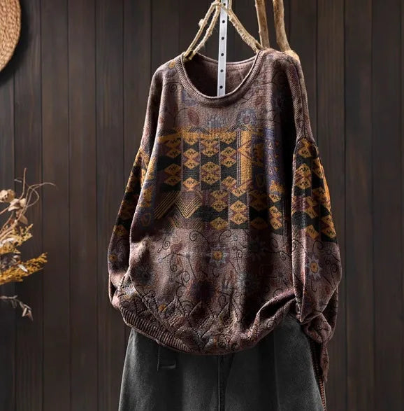 Johnature Vintage Loose Personality O-Neck Sweater 2025 Woman Winter New Long Sleeves Chinese Style Vintage Style Sweater