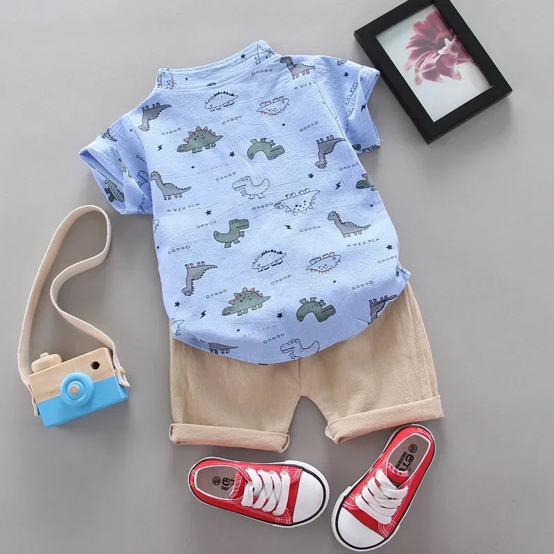 summer new boy cute cartoon cotton shirt short sleeve suit casual kids clothing Boy Sets 2 pieces baby clothes