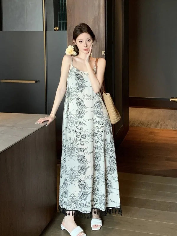 Retro Gradient Print Halter Dress Women's Fashion Design Summer Slim Fit Long Skirt  Dress Korean Style Commute Wear