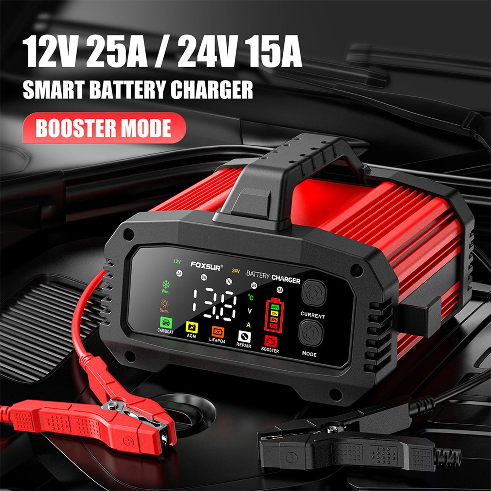 FOXSUR Smart Car Battery Charger 12V/25A 24V/15A Portable Battery Charger Optional Charging Current Shell with BOOSTER Function