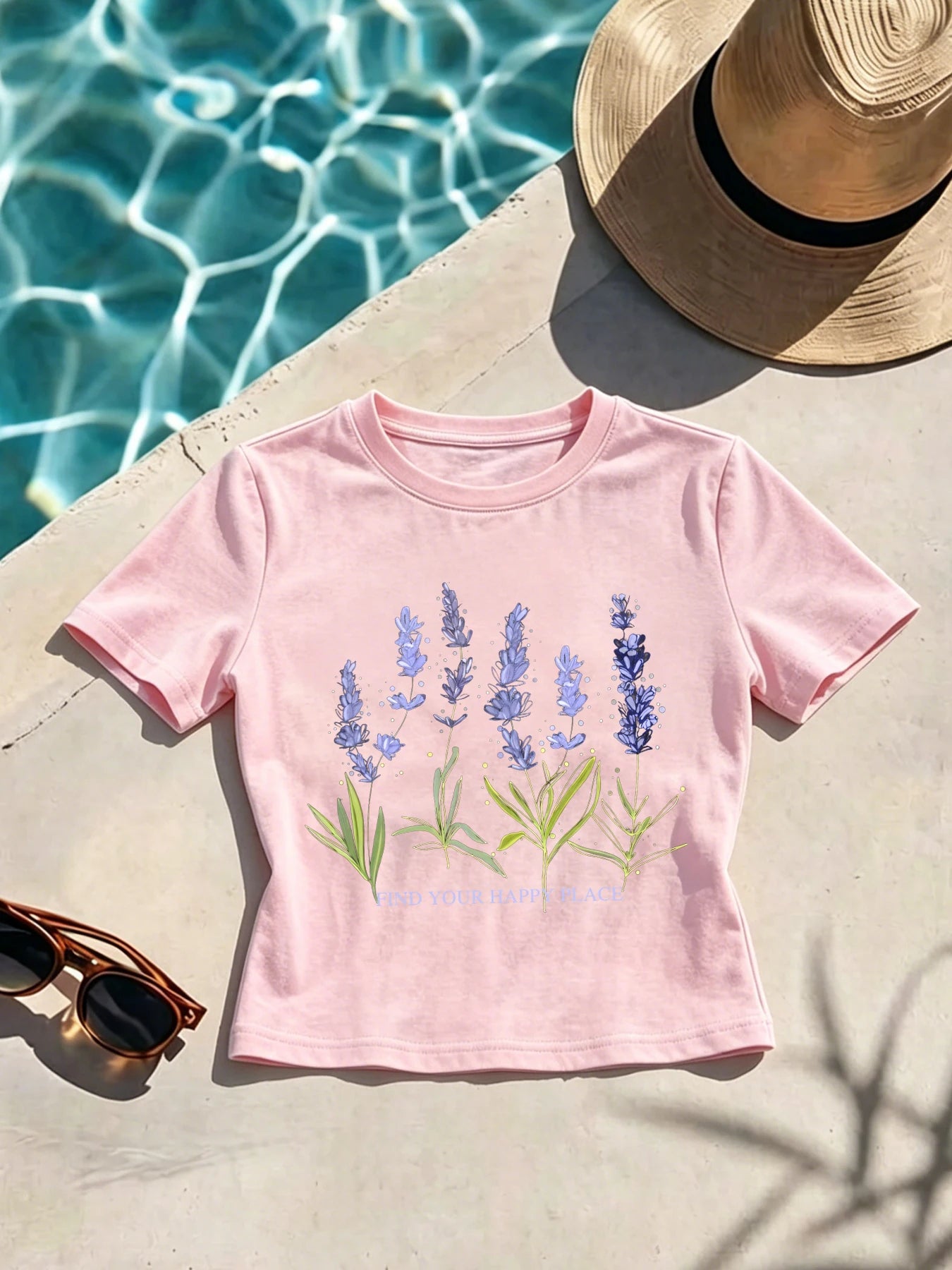 Beautiful Of Lavender Print Slim T Shirts Women Summer All-Match T-Shirts Female Fashion Crop Short Sleeve Casual Slim Clothing