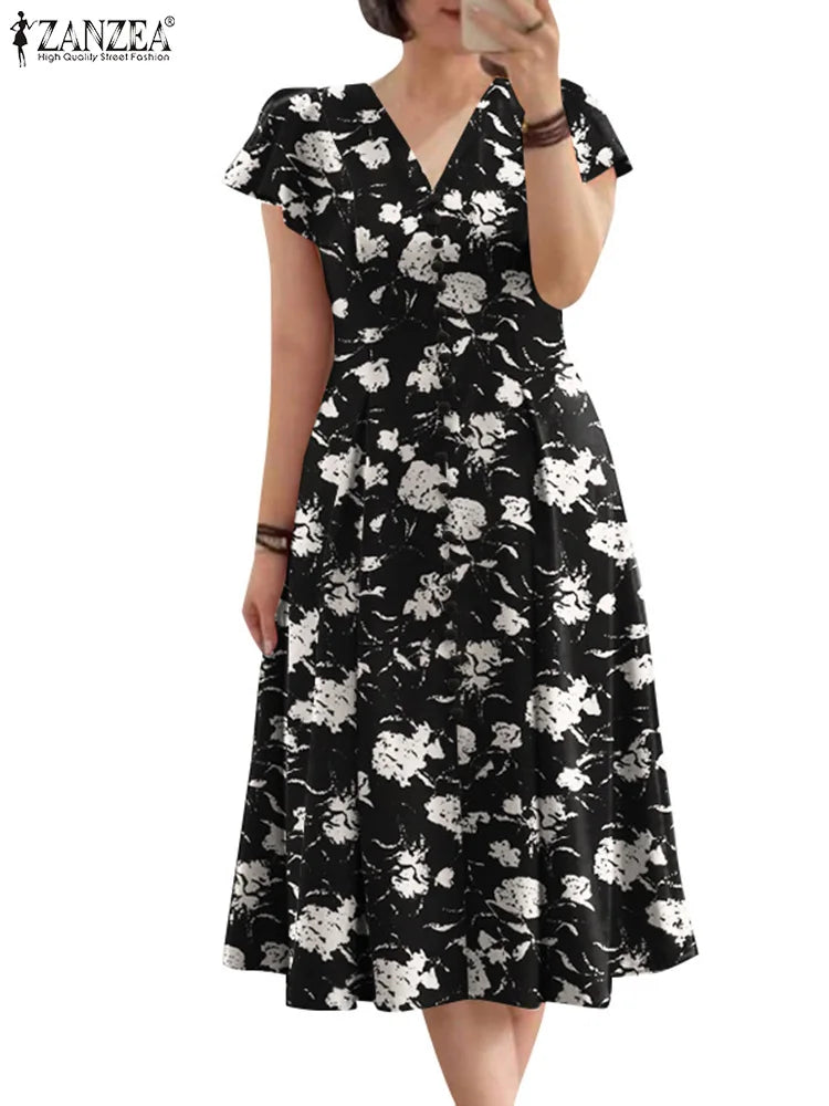 Bohemain Floral Dress ZANZEA Summer Holiday Vestidos Women Elegant V Neck Short Sleeve Sundress Fashion Casual Buttons Midi Robe