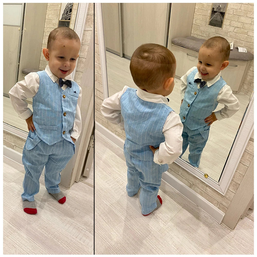 2026 Baby Boy Gentleman Suit Toddler Bow Tie White Shirt Vest+Pants Stripe Sets 3Pcs Formal Birthday Wedding Kids Party Clothes