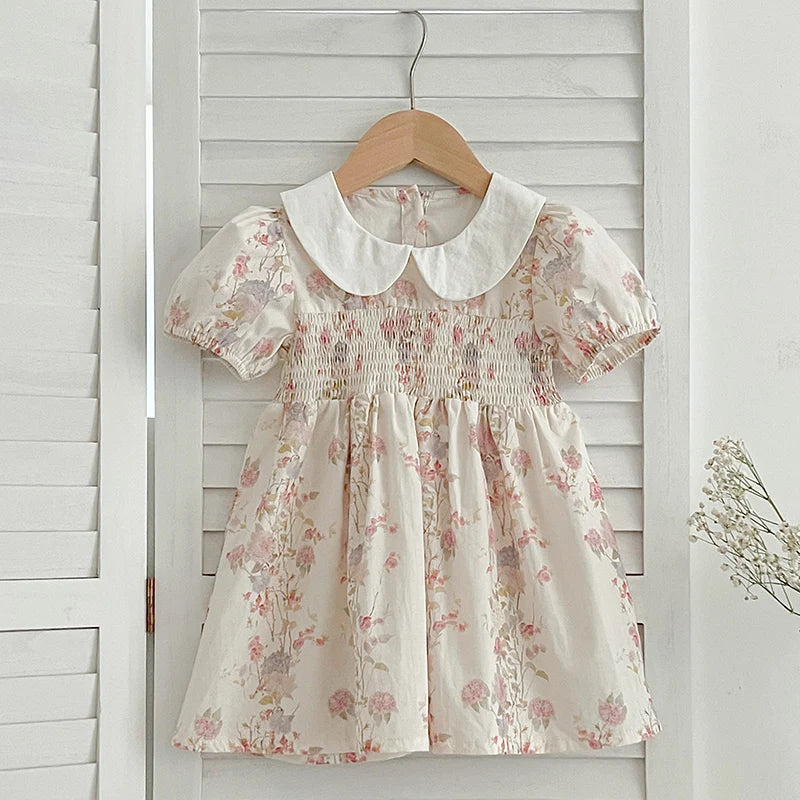 New Summer Sister Match Outfits Pink Princess Dress Sister Baby Girls Clothes Puff Sleeve Floral Romper Cotton Dress One-Pieces