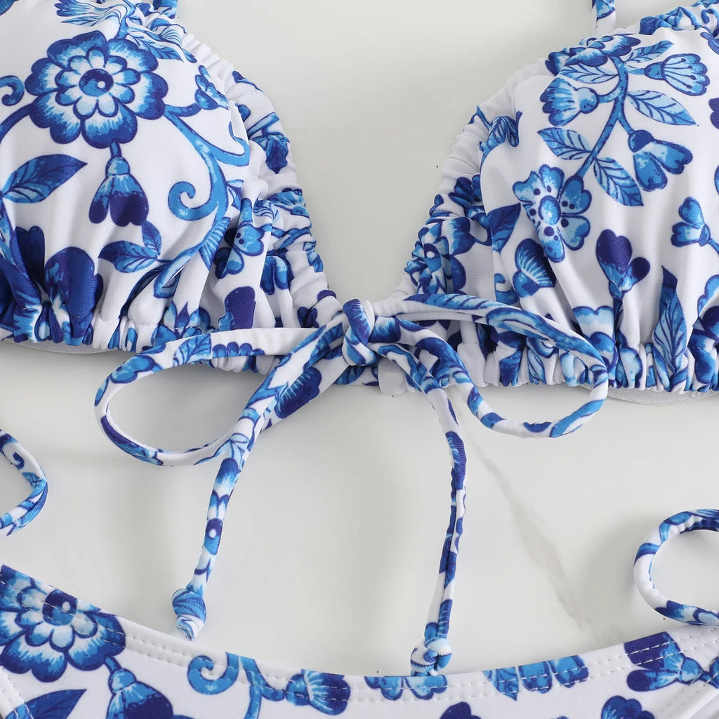 sexy floral print micro bikini blue and white porcelain bikini swimwear swimsuit women biquini thong bikini set bathing suits