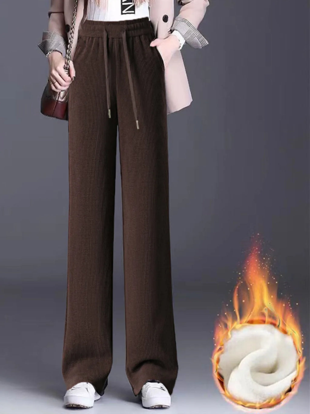 Thickened Fleece Wide Leg Pants Women's Casual Straight Cut Velvet Slimming Versatile Autumn Winter Fashion High Waist Trousers