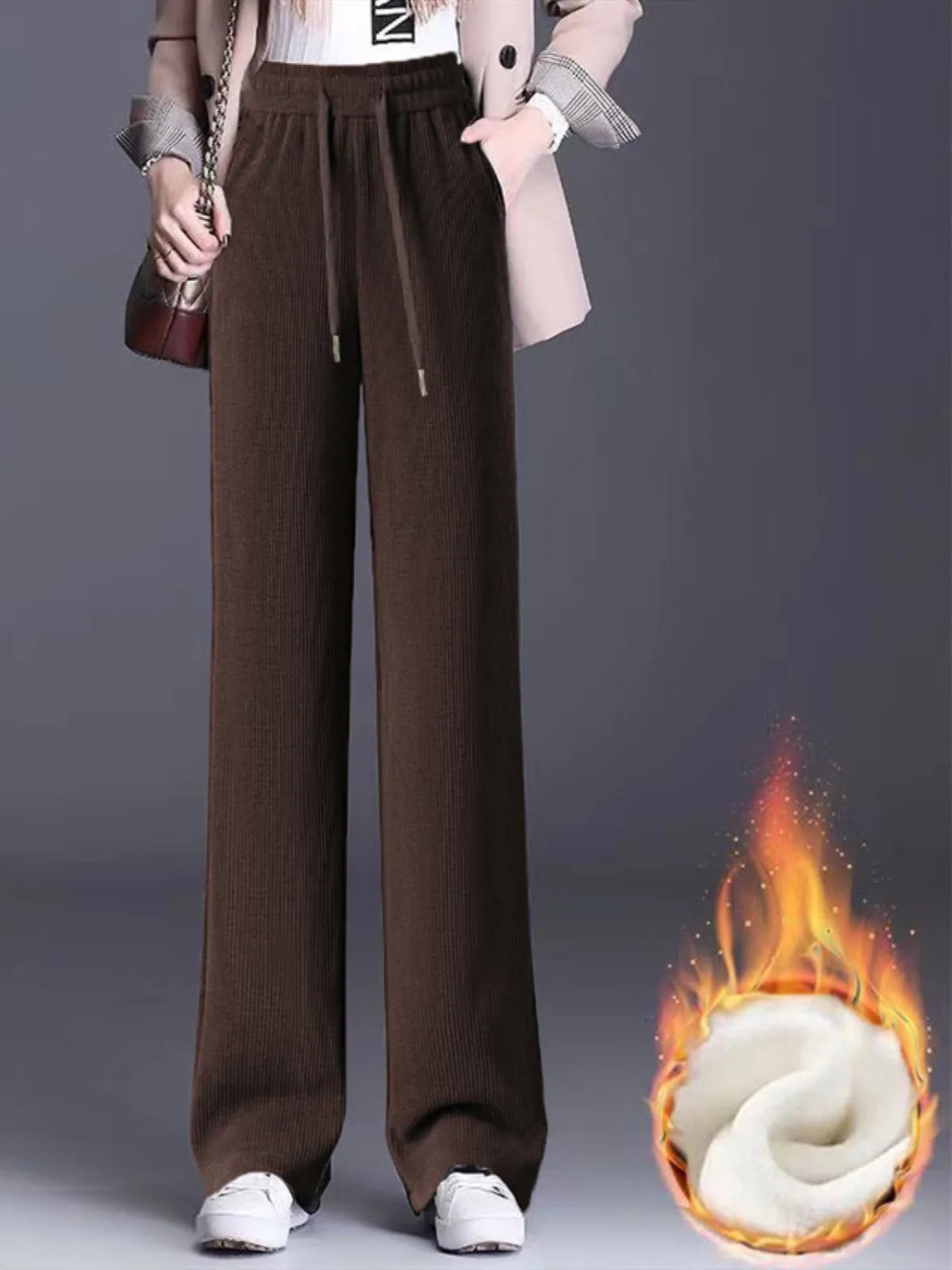 Thickened Fleece Wide Leg Pants Women's Casual Straight Cut Velvet Slimming Versatile Autumn Winter Fashion High Waist Trousers