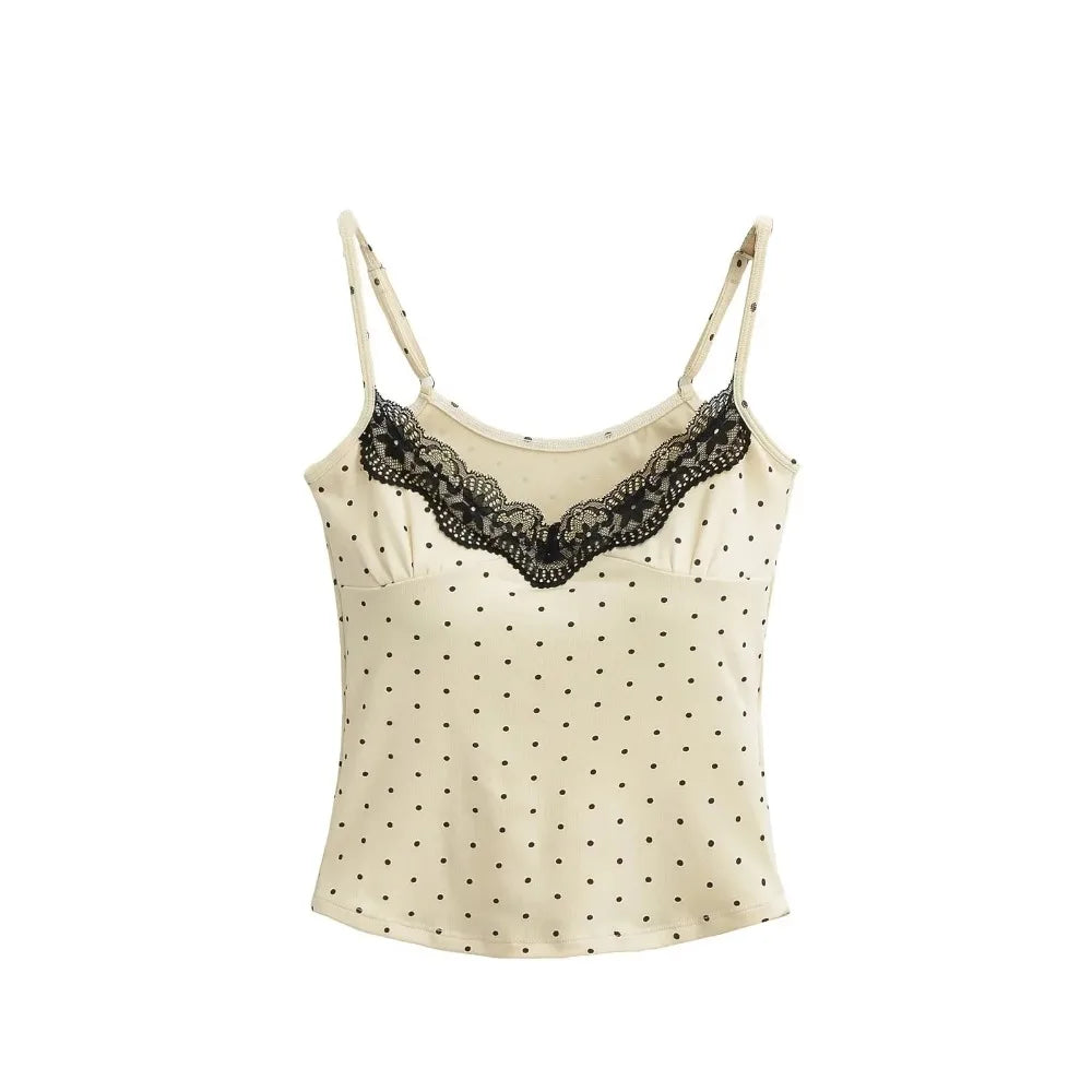 Lace Ruffled Dots Sling Vest Top Sleeveless Bottoming Shirt Camisole with Pads Tank Spicy Girl Style Y2K Slim Crop Top Summer